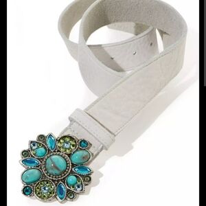 Boston Proper 100 % Leather White Belt with Gemstone Buckle